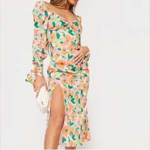 PrettyLittleThing Peach & Green Floral Tie-Front Midi Dress